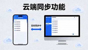 云端同步功能展示界面，显示手机APP与网页端数据实时同步的示意图